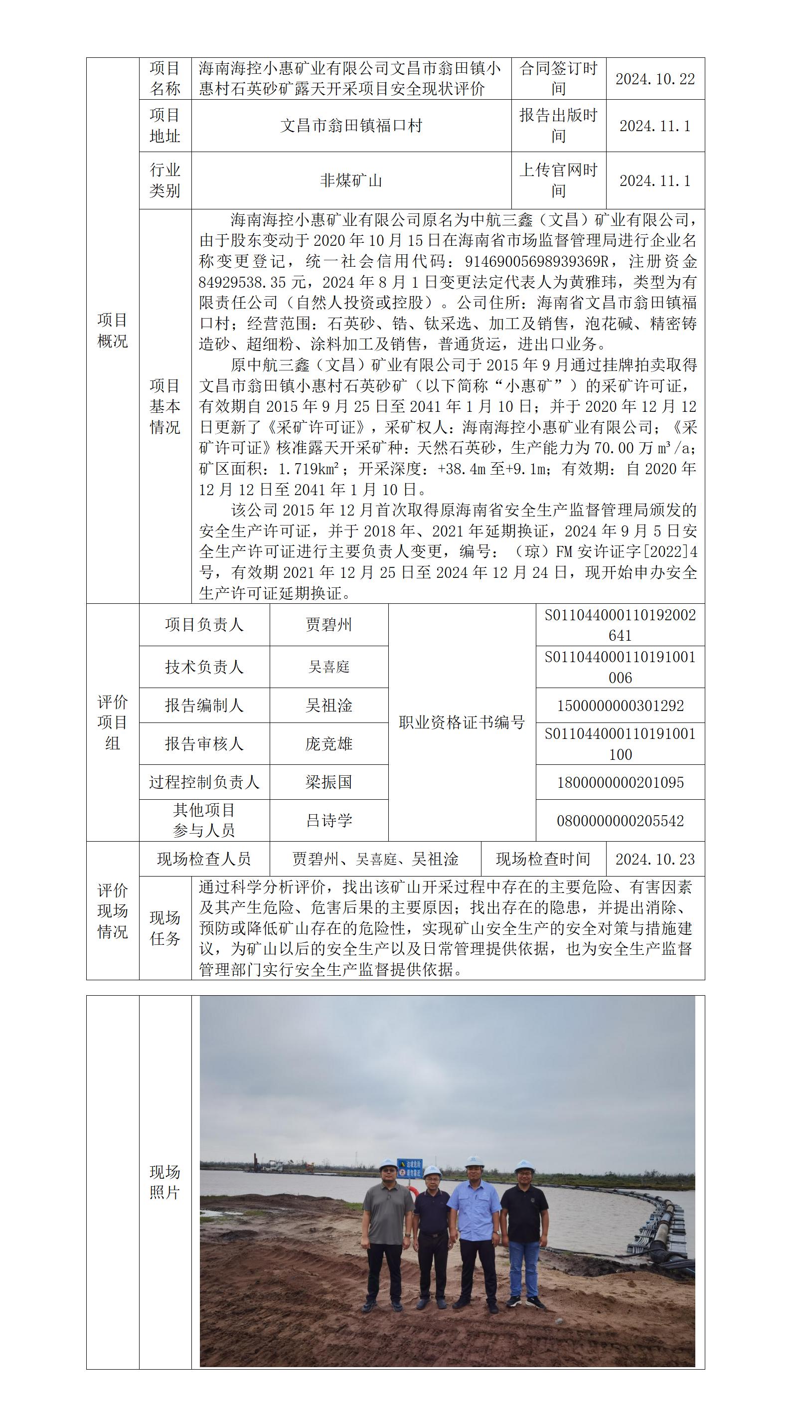 海南海控小惠矿业有限公司文昌市翁田镇小惠村石英砂矿露天开采项目安全现状评价_01.jpg